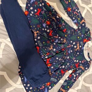 Hanna Andersson Navy Holiday Reindeer & Candy Cane Dress with Navy Leggings